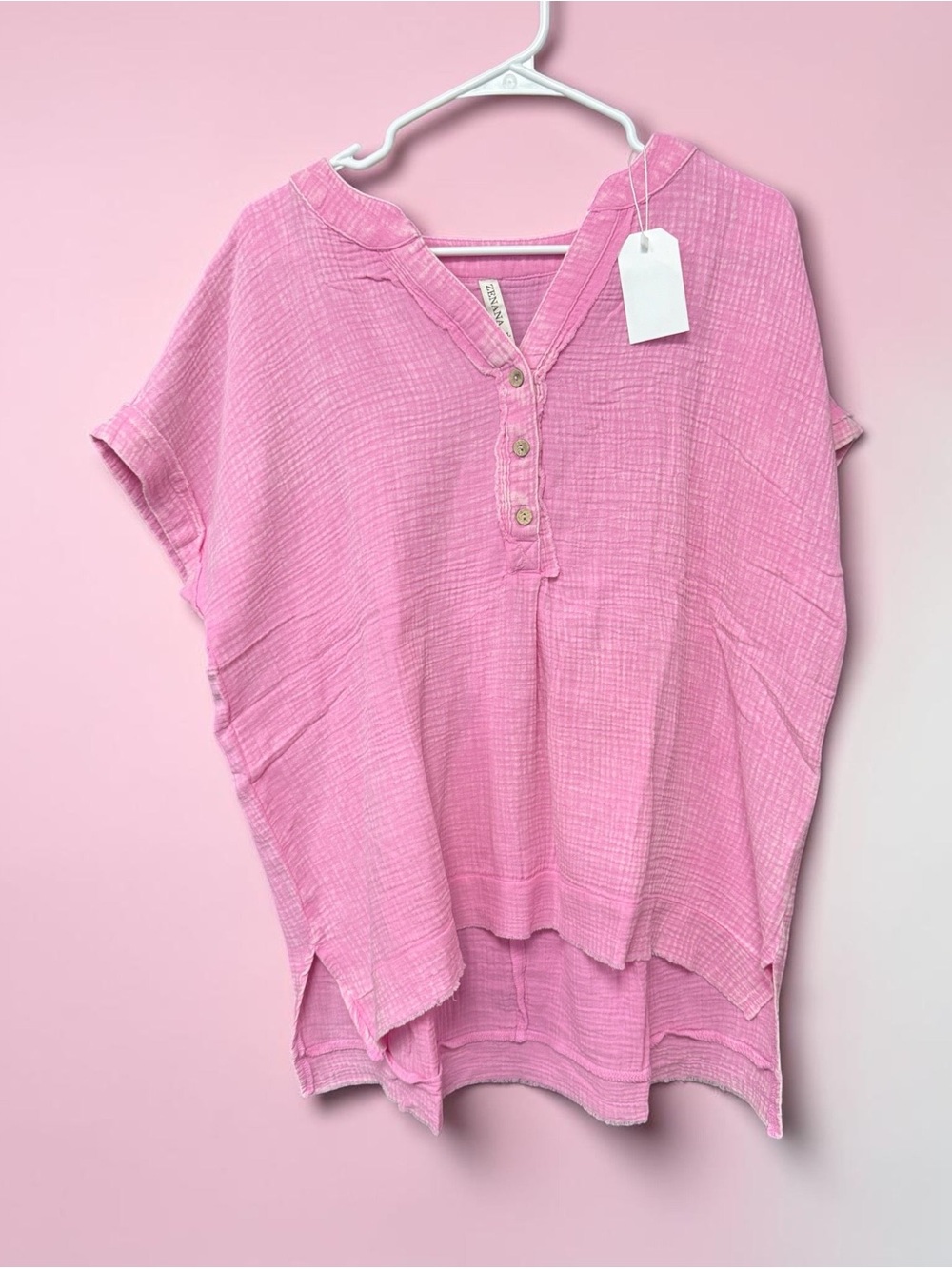 Zenana Outfitters Pink Gauze Button V-Neck Tunic